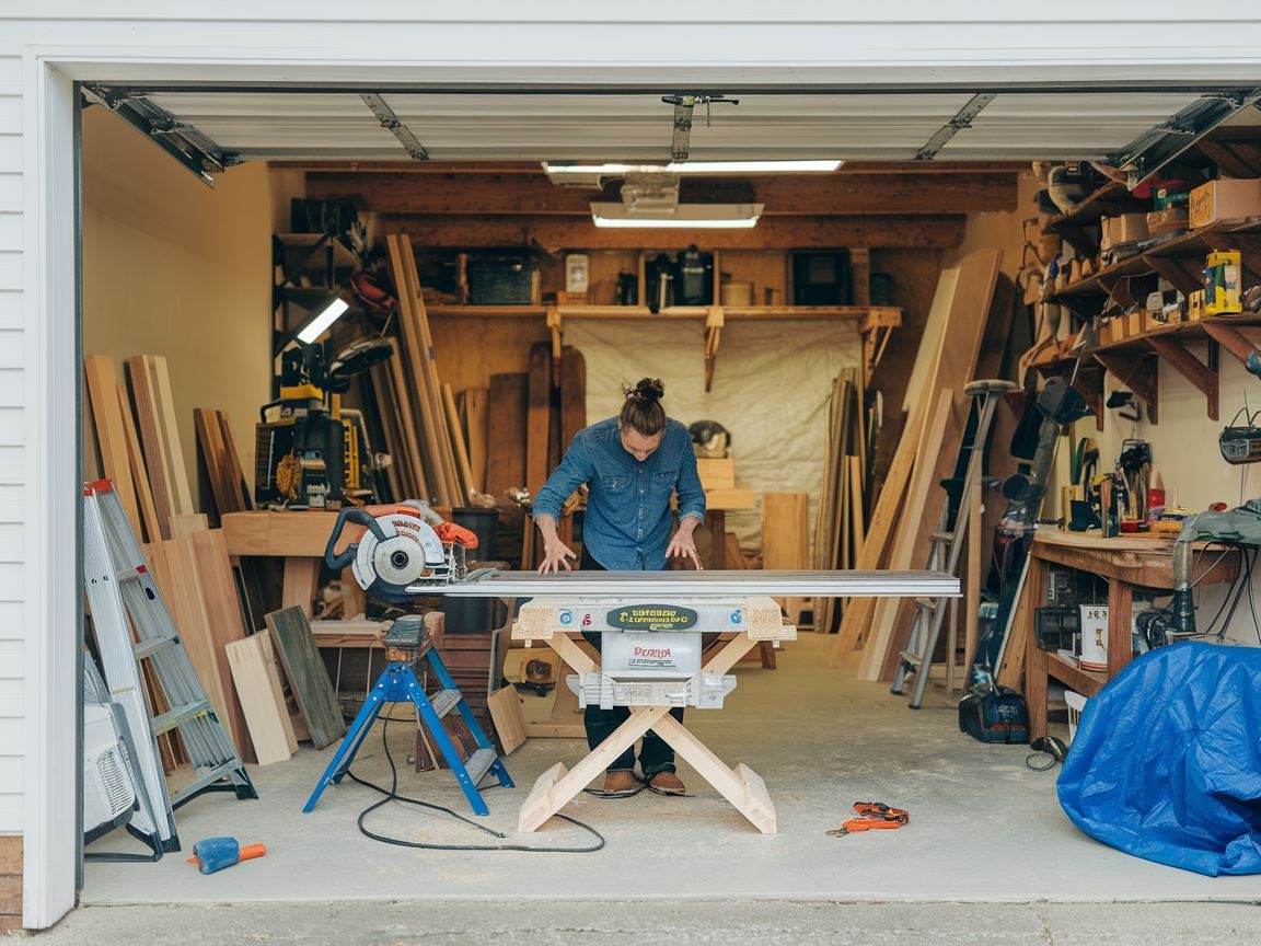 Stół warsztatowy z pilarką tarczową w trakcie montażu